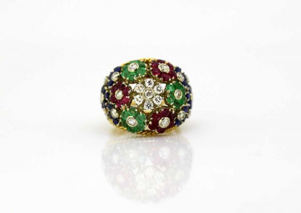 Vintage Gem Set Floral Dome Cluster Ring in 18ct Yellow Gold