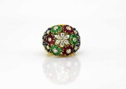 Vintage Gem Set Floral Dome Cluster Ring in 18ct Yellow Gold
