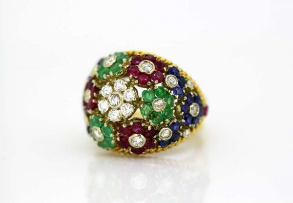 Vintage Gem Set Floral Dome Cluster Ring in 18ct Yellow Gold