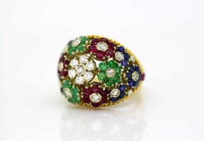 Vintage Gem Set Floral Dome Cluster Ring in 18ct Yellow Gold