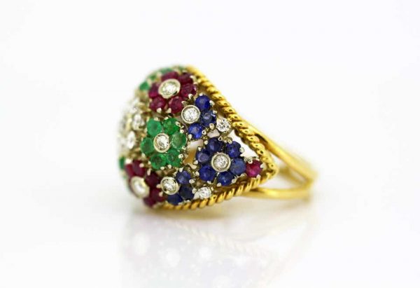 Vintage Gem Set Floral Dome Cluster Ring in 18ct Yellow Gold