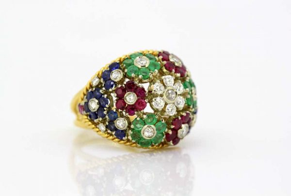 Vintage Gem Set Floral Dome Cluster Ring in 18ct Yellow Gold