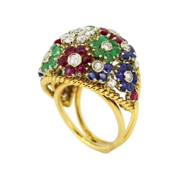 Vintage Gem Set Floral Dome Cluster Ring in 18ct Yellow Gold