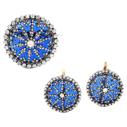 Antique Victorian Blue Glass and 4ct Old Cut Diamond Demi Parure, Circa 1880s