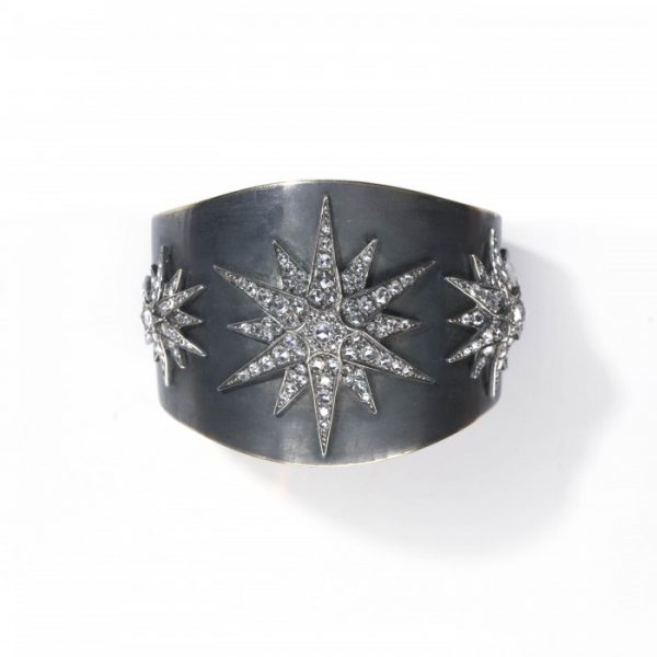 Vintage Rose Cut Diamond Star Gold and Silver Cuff Bangle Bracelet; featuring three antique diamond-set stars set with rose-cut diamonds, in silver-upon-gold