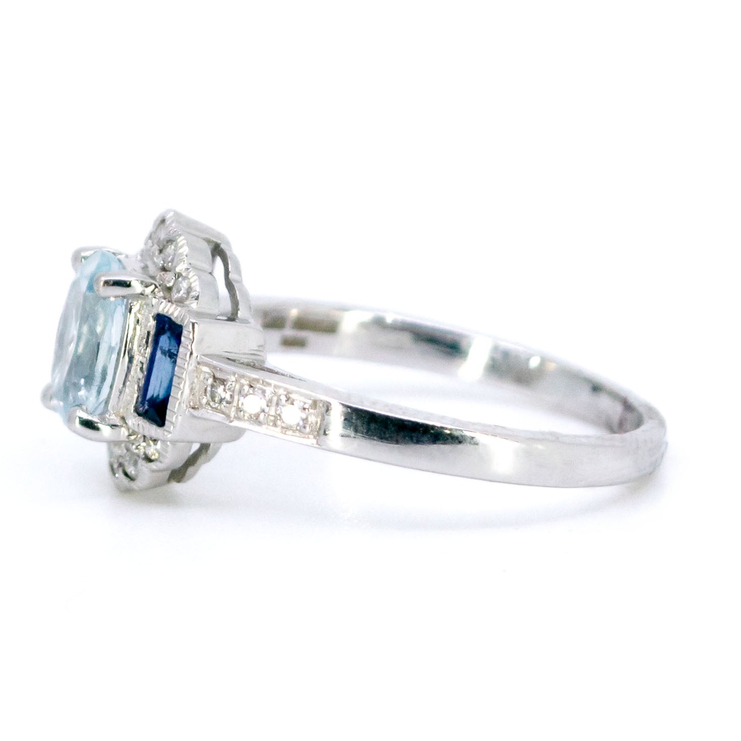 14 Carat White Gold Aquamarine, Sapphire and Diamond Cluster Ring