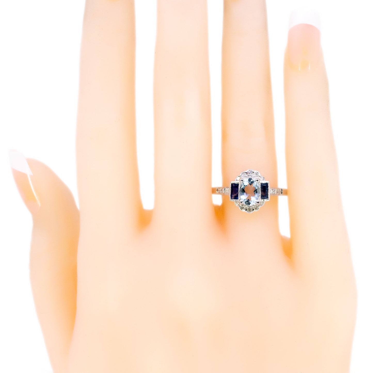 14 Carat White Gold Aquamarine, Sapphire and Diamond Cluster Ring