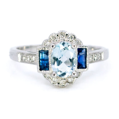 14 Carat White Gold Aquamarine, Sapphire and Diamond Cluster Ring