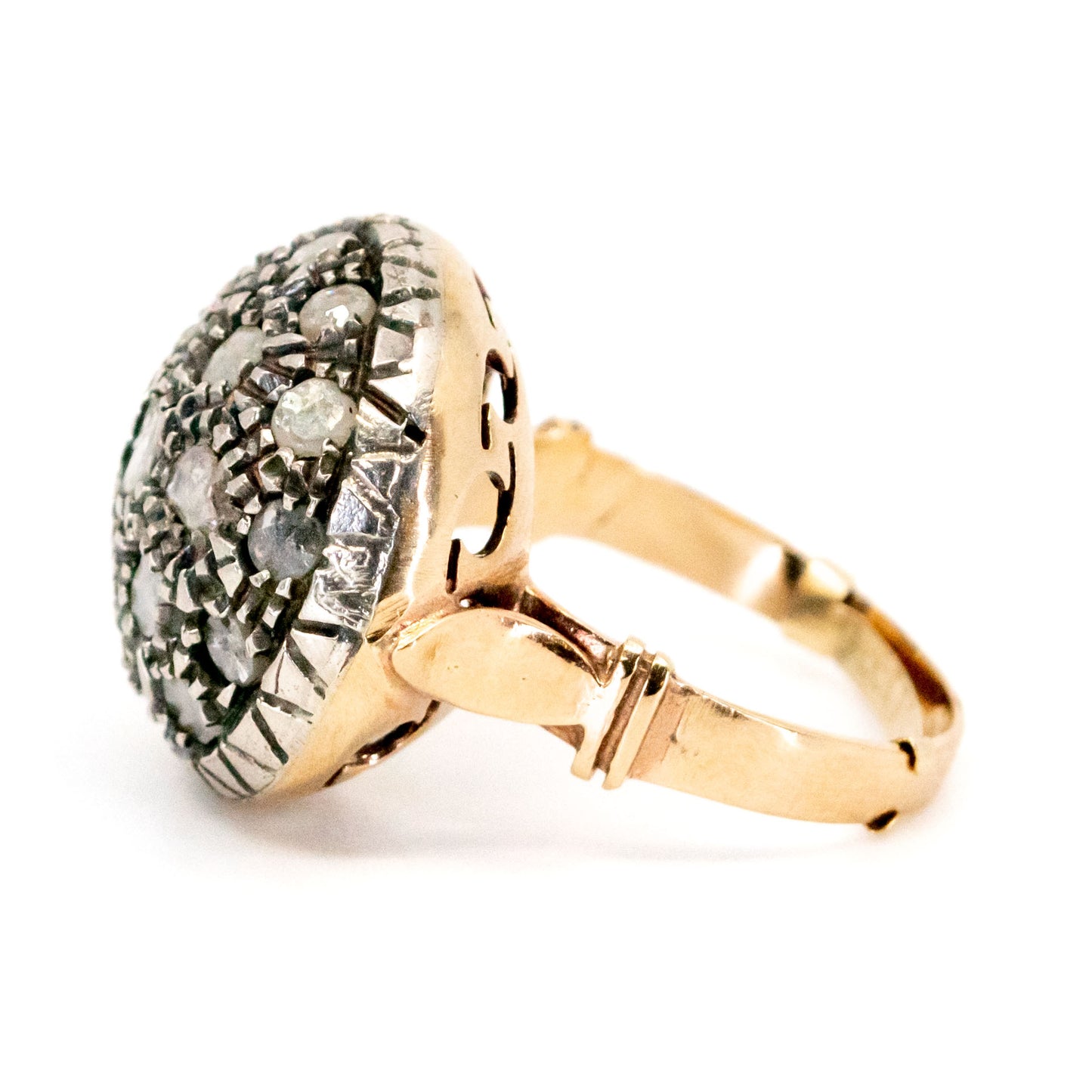 Vintage 9 Carat Yellow Gold and Silver Diamond Bombé Cluster Ring