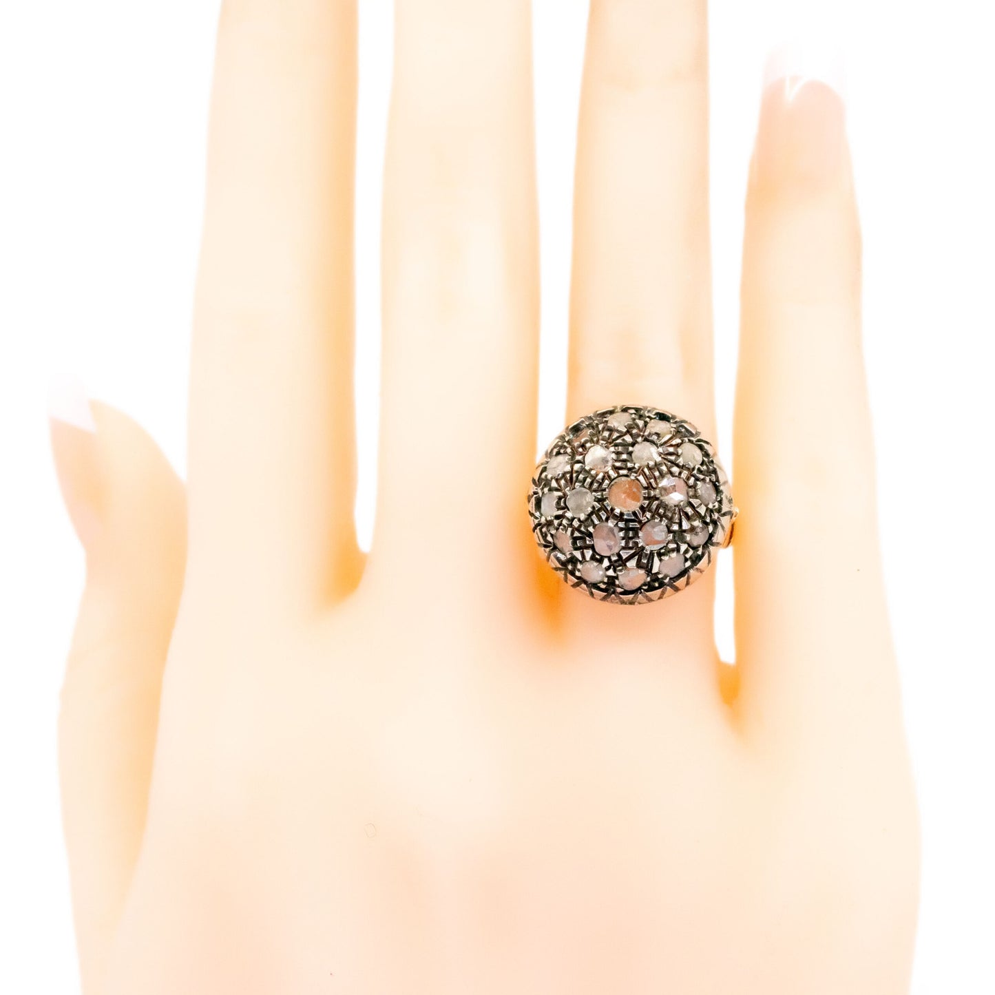 Vintage 9 Carat Yellow Gold and Silver Diamond Bombé Cluster Ring