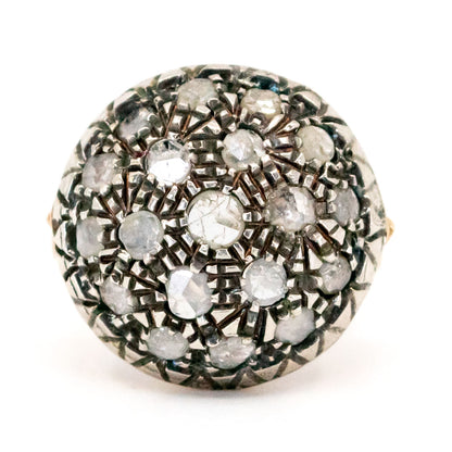 Vintage 9 Carat Yellow Gold and Silver Diamond Bombé Cluster Ring