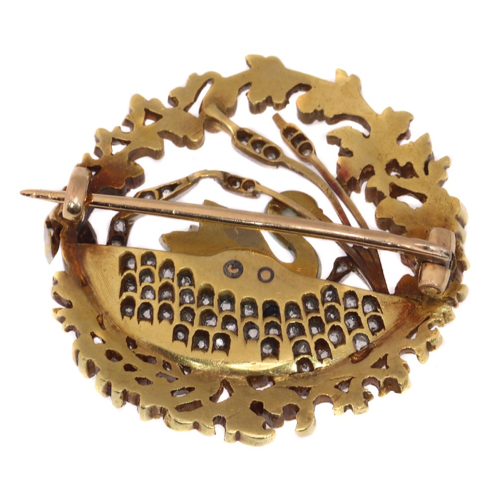 Antique Art Nouveau French Enamelled Swan on Diamond Lake Brooch