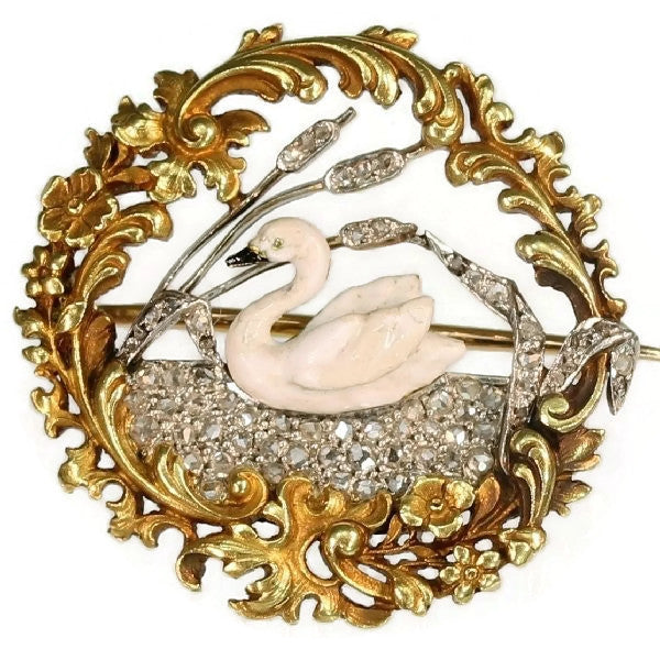 Antique Art Nouveau French Enamelled Swan on Diamond Lake Brooch