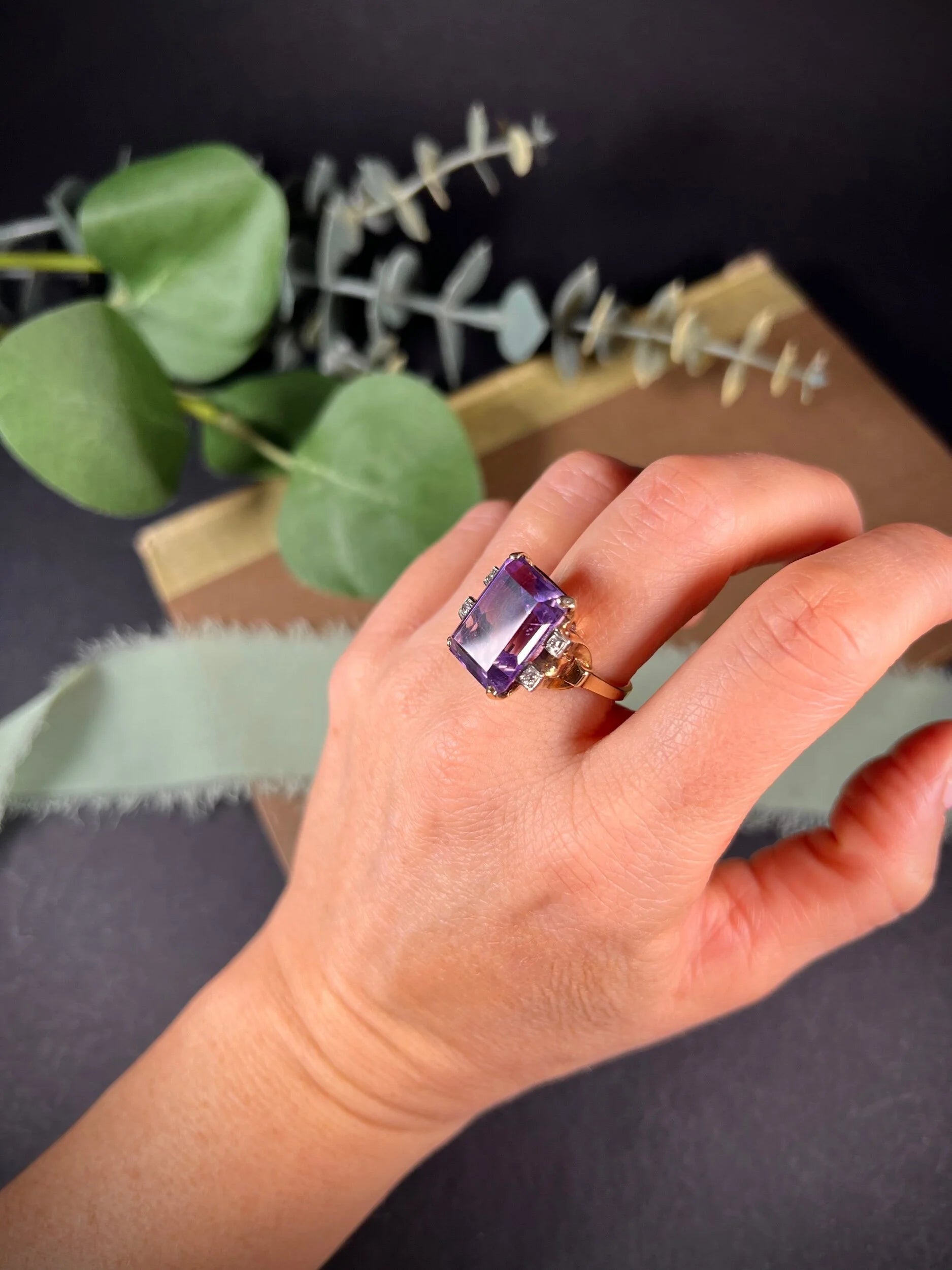 Vintage 14 Carat Gold Large Amethyst and Diamond Cocktail Ring, Circa 1960