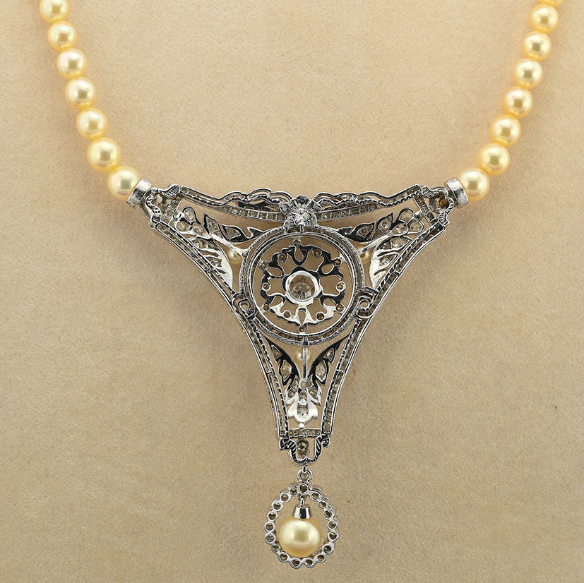 Vintage 7ct Old European Cut Diamond Panel Pendant and Pearl Necklace