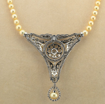 Vintage 7ct Old European Cut Diamond Panel Pendant and Pearl Necklace