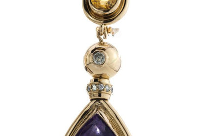 Vintage French Amethyst, Diamond and Citrine Clip On Drop Earrings, pear-cut amethyst suspended from a citrine set stud via a diamond set link, 18ct yellow gold, Circa 1970s