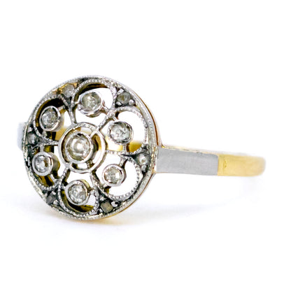 Art Deco 14 Carat Yellow and White Gold Old Mine and Rose-Cut Diamond Ring