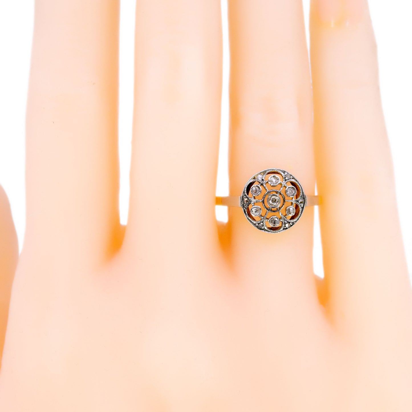 Art Deco 14 Carat Yellow and White Gold Old Mine and Rose-Cut Diamond Ring