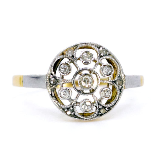 Art Deco 14 Carat Yellow and White Gold Old Mine and Rose-Cut Diamond Ring