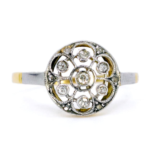Art Deco 14 Carat Yellow and White Gold Old Mine and Rose-Cut Diamond Ring