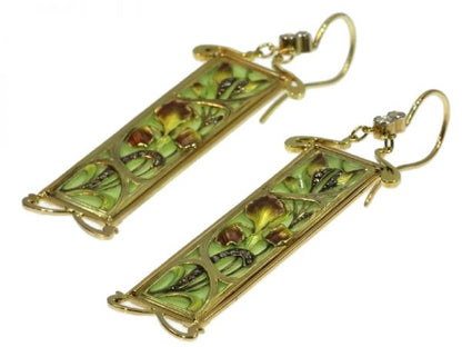 Antique Art Nouveau Plique à Jour Enamel Stained Glass Window Earrings