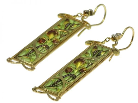 Antique Art Nouveau Plique à Jour Enamel Stained Glass Window Earrings