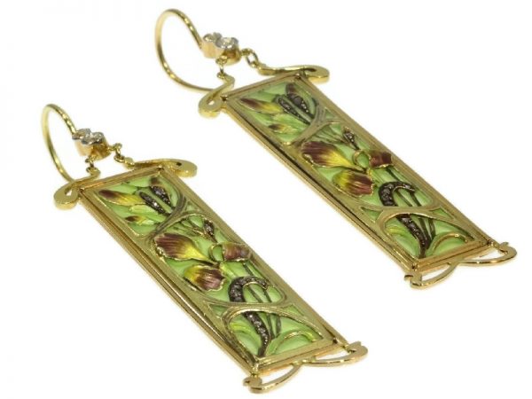 Antique Art Nouveau Plique à Jour Enamel Stained Glass Window Earrings