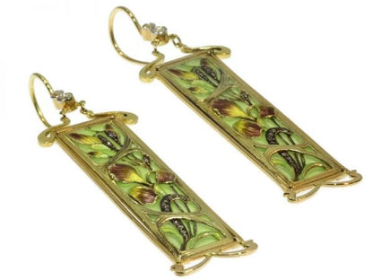 Antique Art Nouveau Plique à Jour Enamel Stained Glass Window Earrings