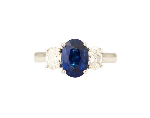 Oval cut Sapphire and Diamond Three Stone Ring, 3.18 carats, Platinum