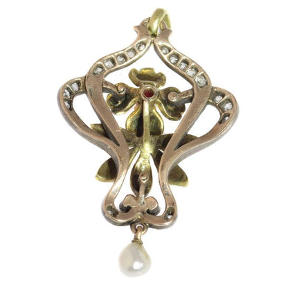 Austria-Hungarian Art Nouveau Diamond and Enamel Pendant, 14ct Gold