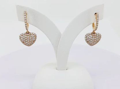Diamond Heart Drop Earrings; 18ct yellow gold heart shaped earrings set with sparkling diamonds, diamond set bale, 0.90 carat total