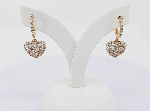Diamond Heart Drop Earrings; 18ct yellow gold heart shaped earrings set with sparkling diamonds, diamond set bale, 0.90 carat total