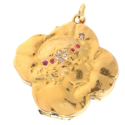 Antique Art Nouveau Four Leaf Clover Portrait Locket, 18ct Yellow Gold