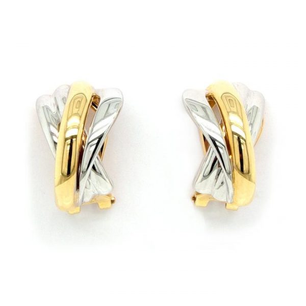 Bi Colour 18ct Gold Cross Over Half Hoop Earrings; three overlapping polished strands of 18ct yellow and white gold, post and clip fittings