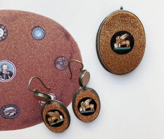 Antique Victorian Micro Mosaic Pendant and Earrings Suite; striking pair of drop earrings and matching pendant, glass micro-mosaic lion design, by Giacomo Franchini
