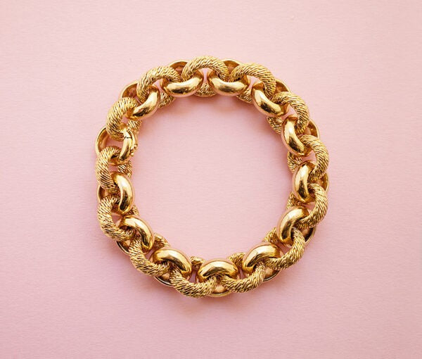 Georges Lenfant Gold Chunky Textured Link Bracelet; smooth high polished round links alternated with textured woven round links, with Lenfant’s master mark