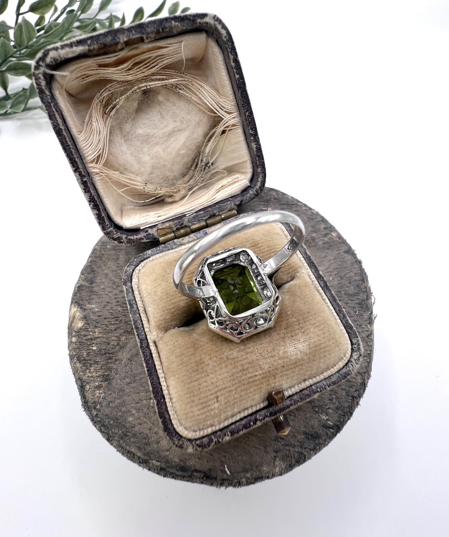 Antique 18ct White Gold & Platinum, 1920s Peridot and Diamond Rectangular Halo Cluster Ring
