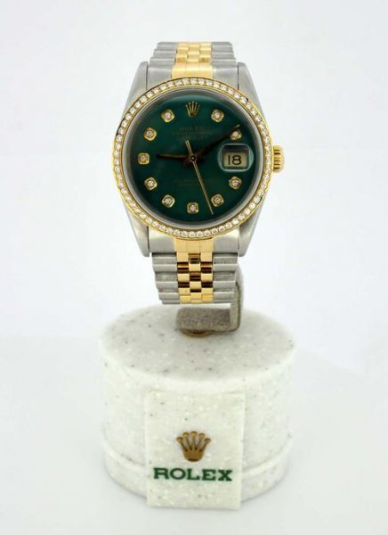 Vintage Rolex DateJust Green Dial and Diamond Set Two-Tone Wristwatch 16233