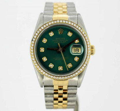 Vintage Rolex DateJust Green Dial and Diamond Set Two-Tone Wristwatch 16233