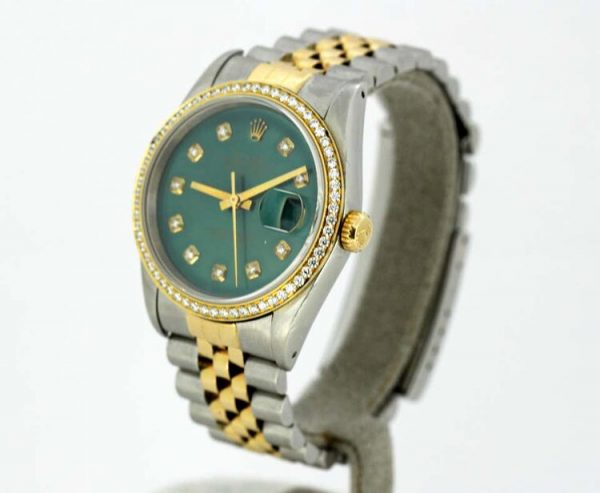 Vintage Rolex DateJust Green Dial and Diamond Set Two-Tone Wristwatch 16233