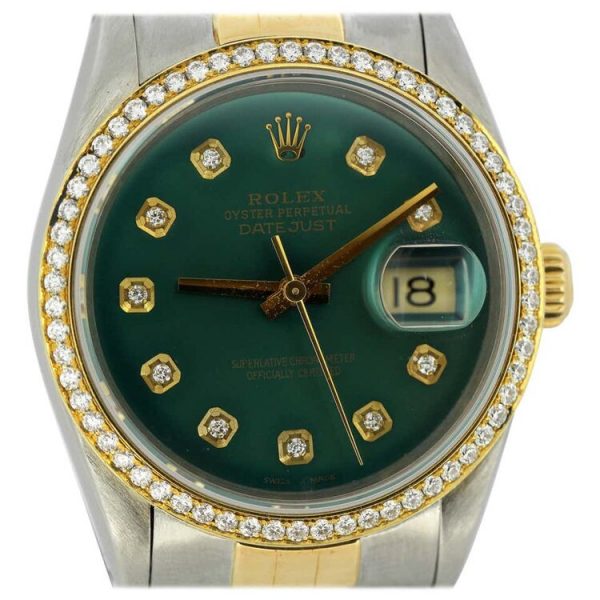 Vintage Rolex DateJust Green Dial and Diamond Set Two-Tone Wristwatch 16233