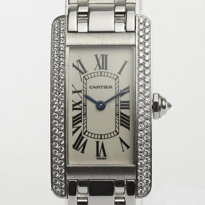 Cartier Tank Americaine Ladies 18K White Gold Quart Watc With Factory Original Cartier Diamond Bezel, white dial, diamond crown, sapphire crystal, 18ct white gold bracelet with double-fold hidden clasp, with Cartier box and papers