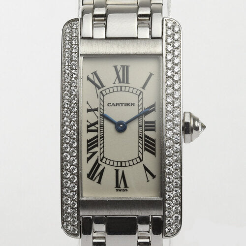 Cartier Tank Americaine Ladies 18K White Gold Quart Watc With Factory Original Cartier Diamond Bezel, white dial, diamond crown, sapphire crystal, 18ct white gold bracelet with double-fold hidden clasp, with Cartier box and papers