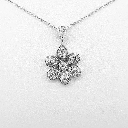 Diamond Daisy Flower Cluster Pendant; set with 0.85 carats of round brilliant cut diamonds, in 18ct white gold