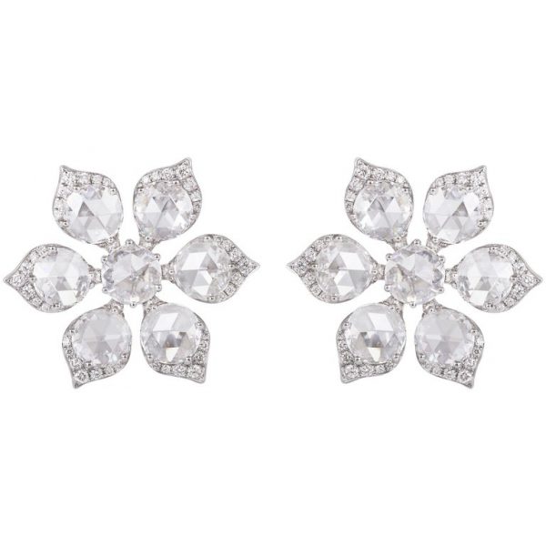 Rose Cut Diamond Flower Stud Earrings, 4.49 carat total, 18ct White Gold
