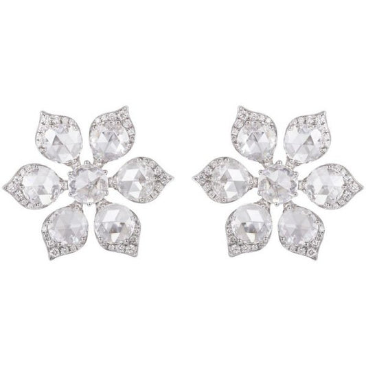 Rose Cut Diamond Flower Stud Earrings, 4.49 carat total, 18ct White Gold