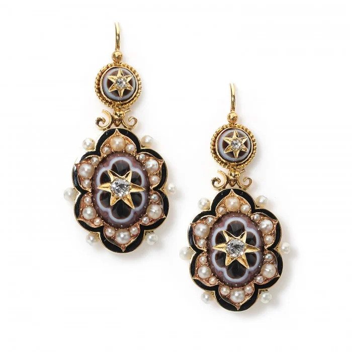 Antique Victorian Banded Agate Natural Pearl Diamond and Enamel Drop Earrings