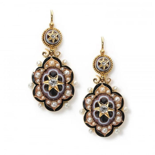 Antique Victorian Banded Agate Natural Pearl Diamond and Enamel Drop Earrings