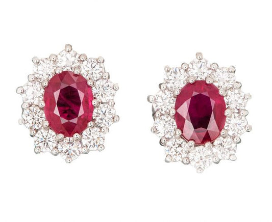Pair of Ruby and Diamond Cluster Earrings, 3.01 carats, 18ct White Gold